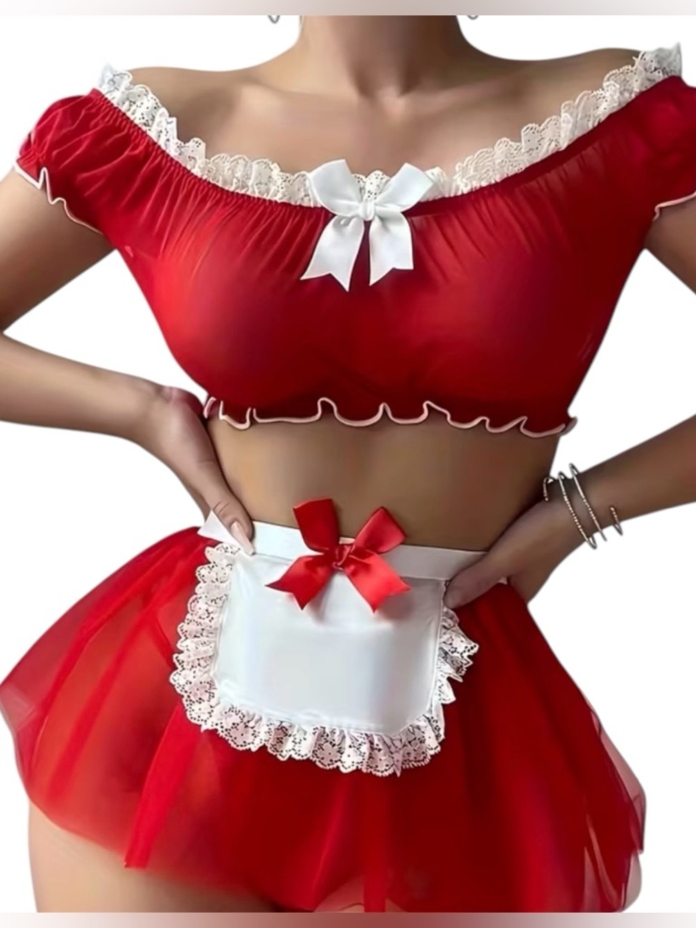 3pc Red Maid Lingerie Set - Sexy Cosplay Costume - Lace Trim Crop Top & Skirt M